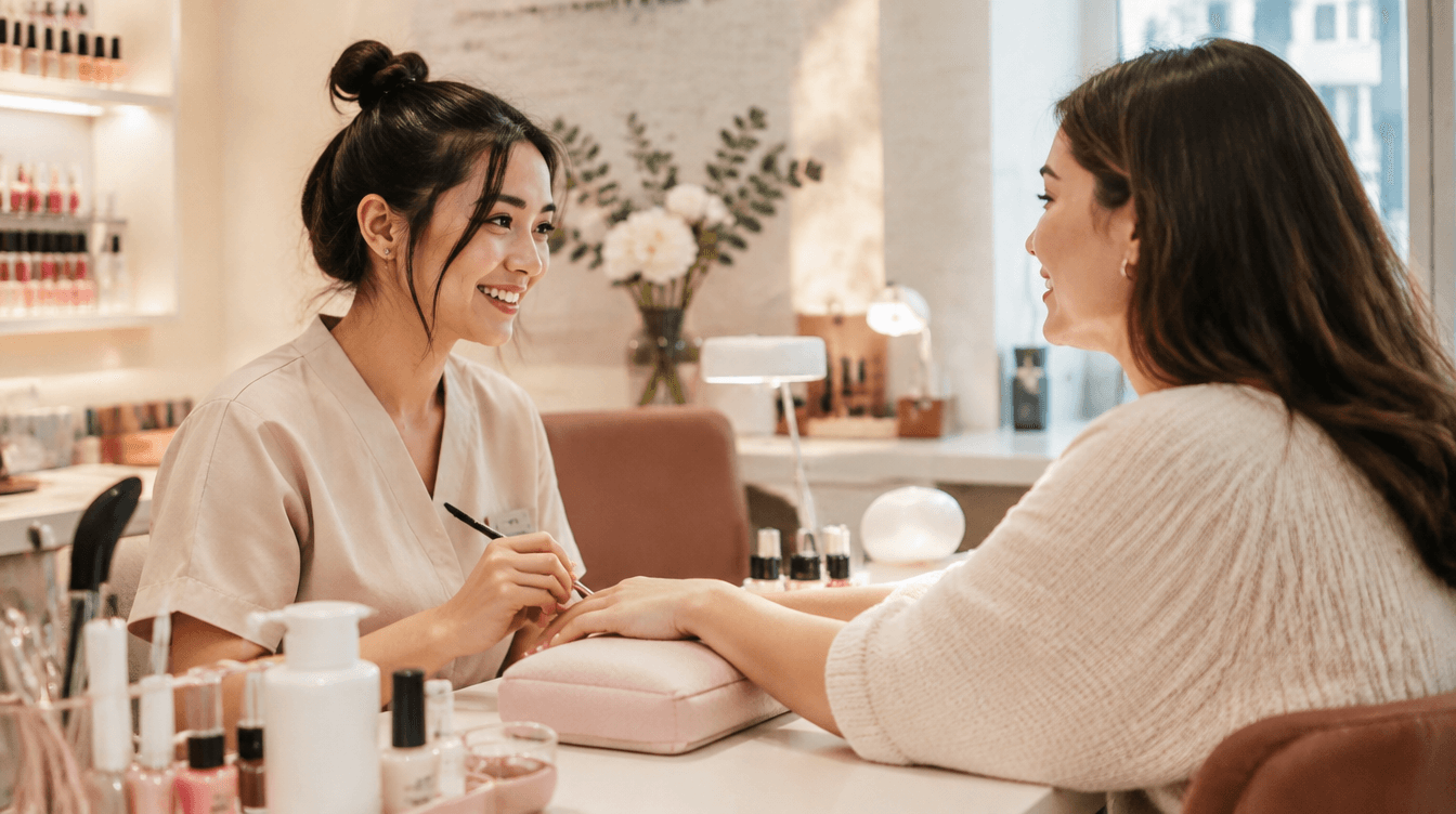 Chloe làm nails và trò chuyện thân thiện với khách trong tiệm nails hiện đại