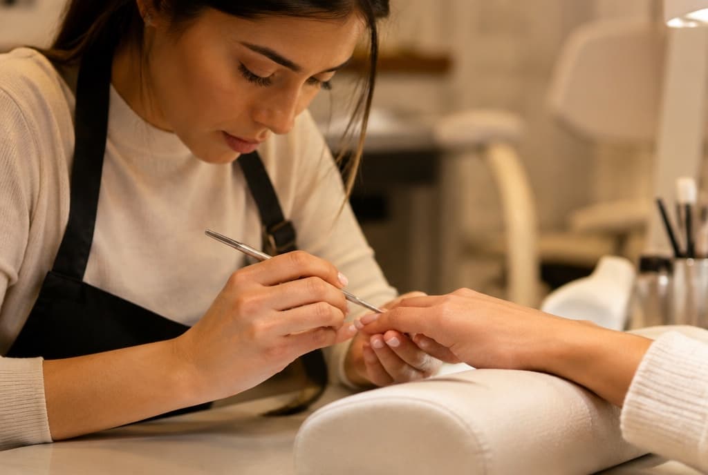 Chloe làm nails và trò chuyện thân thiện với khách trong tiệm nails hiện đại
