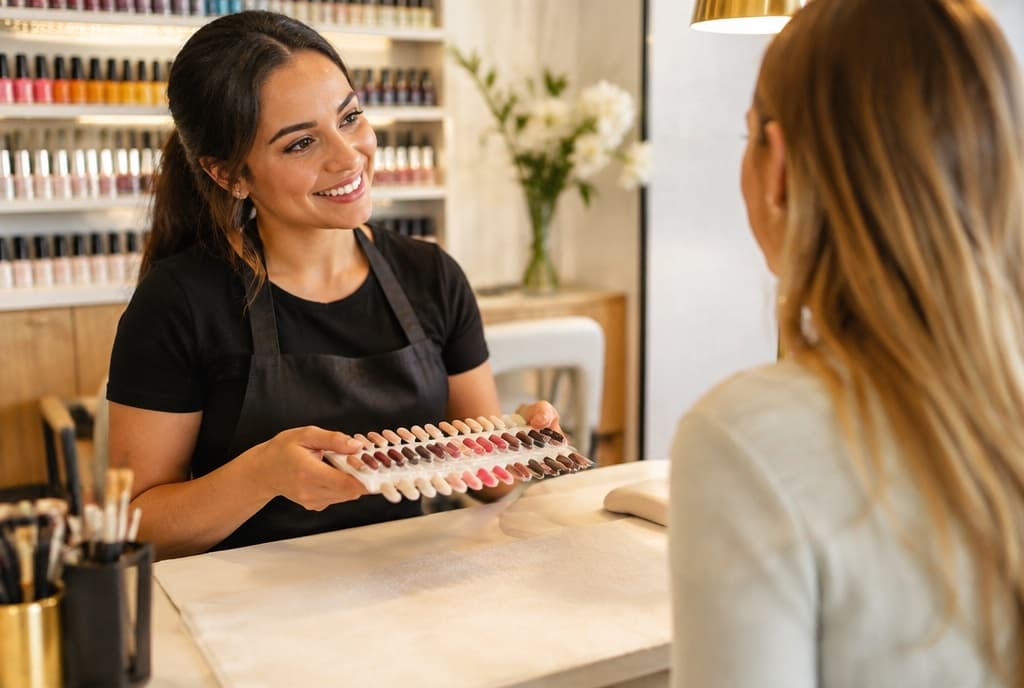 Chloe làm nails và trò chuyện thân thiện với khách trong tiệm nails hiện đại