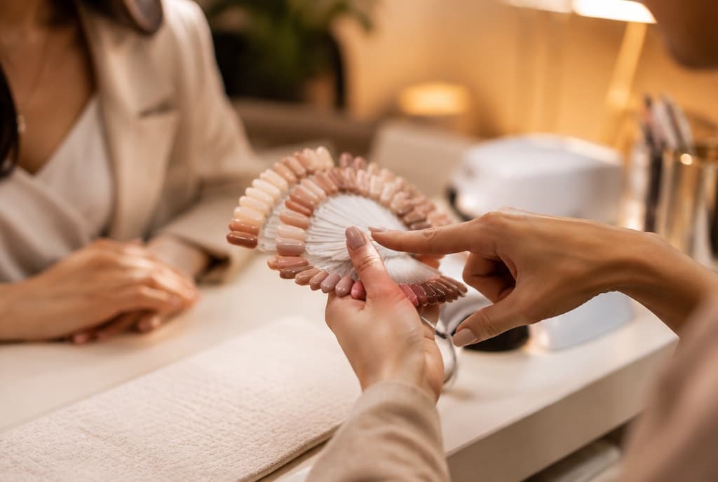 Chloe làm nails và trò chuyện thân thiện với khách trong tiệm nails hiện đại
