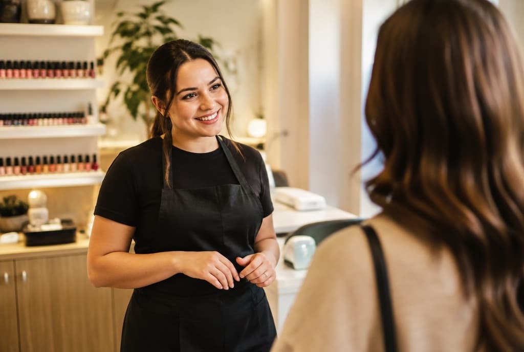 Chloe làm nails và trò chuyện thân thiện với khách trong tiệm nails hiện đại