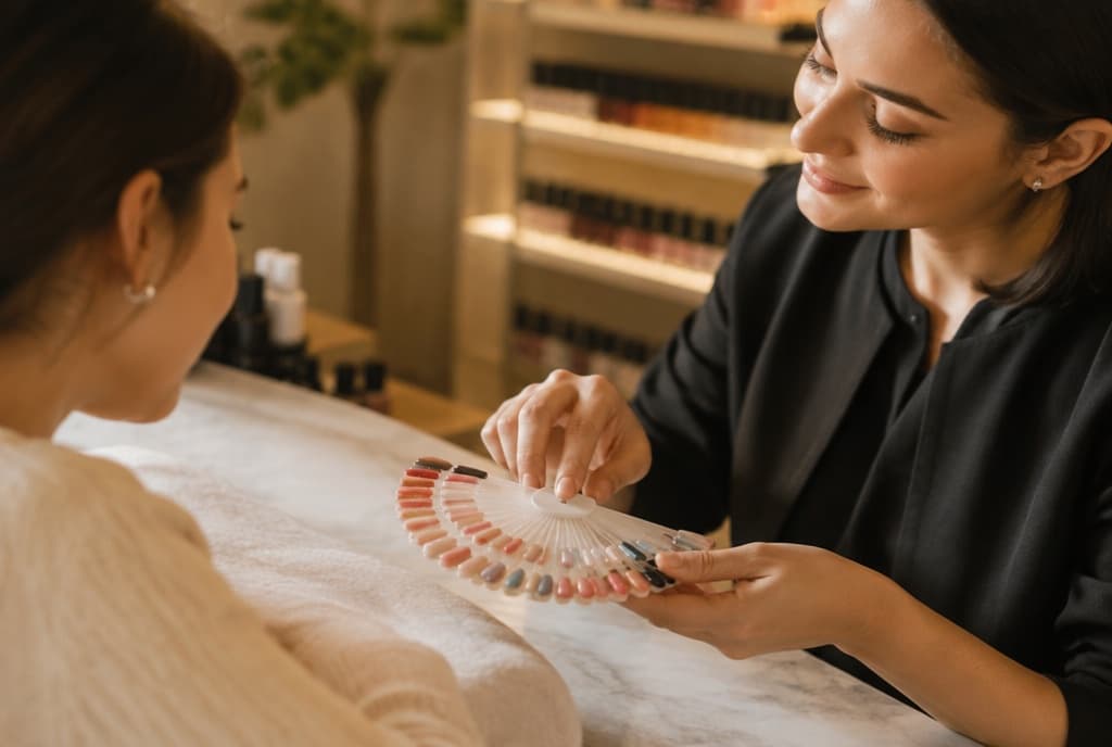 Chloe làm nails và trò chuyện thân thiện với khách trong tiệm nails hiện đại