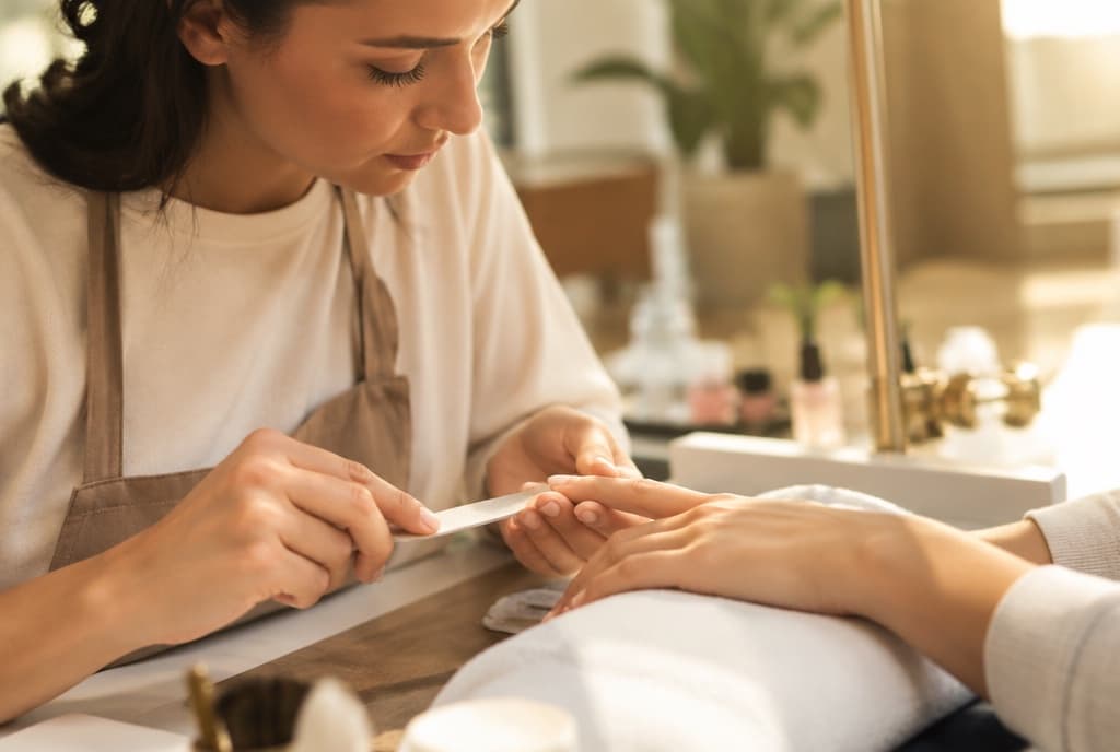 Chloe làm nails và trò chuyện thân thiện với khách trong tiệm nails hiện đại
