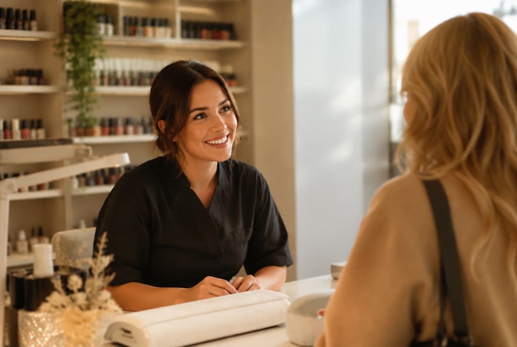 Chloe làm nails và trò chuyện thân thiện với khách trong tiệm nails hiện đại