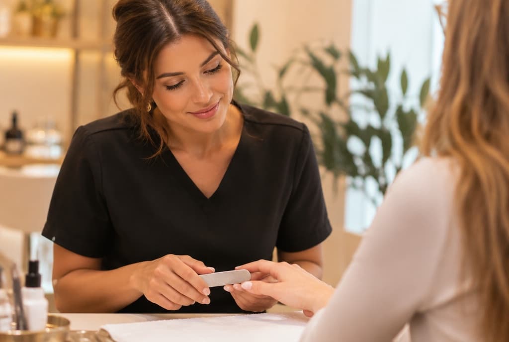 Chloe làm nails và trò chuyện thân thiện với khách trong tiệm nails hiện đại