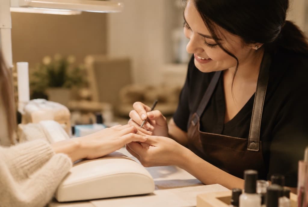 Chloe làm nails và trò chuyện thân thiện với khách trong tiệm nails hiện đại