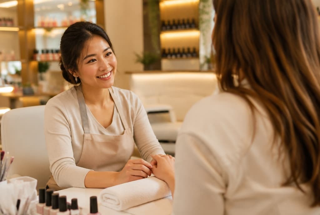 Chloe làm nails và trò chuyện thân thiện với khách trong tiệm nails hiện đại