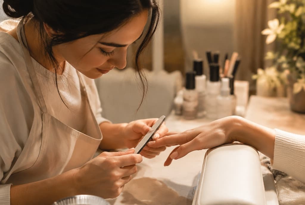 Chloe làm nails và trò chuyện thân thiện với khách trong tiệm nails hiện đại