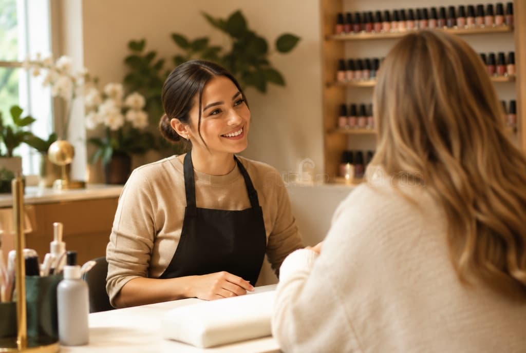 Chloe làm nails và trò chuyện thân thiện với khách trong tiệm nails hiện đại