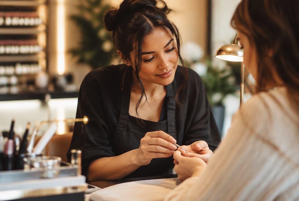 Chloe làm nails và trò chuyện thân thiện với khách trong tiệm nails hiện đại