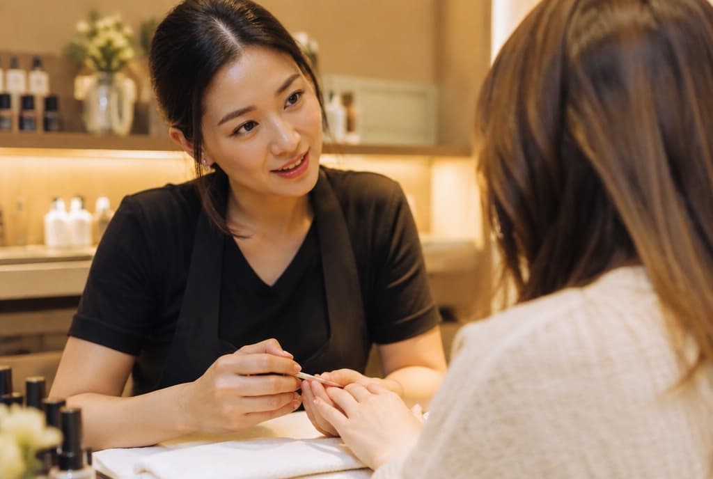 Chloe làm nails và trò chuyện thân thiện với khách trong tiệm nails hiện đại