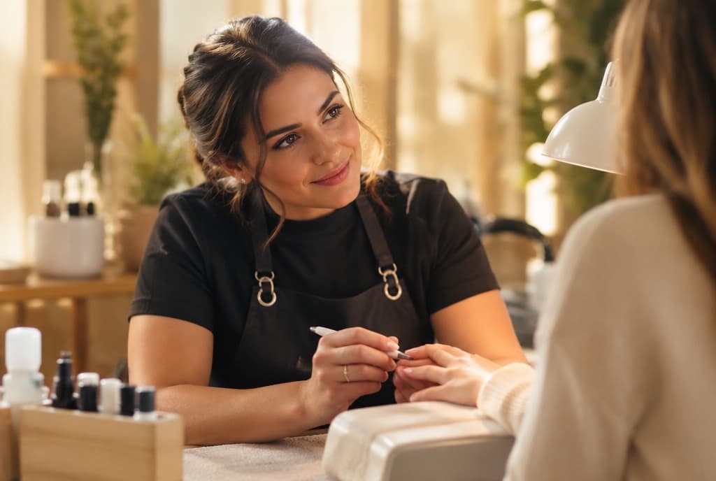 Chloe làm nails và trò chuyện thân thiện với khách trong tiệm nails hiện đại