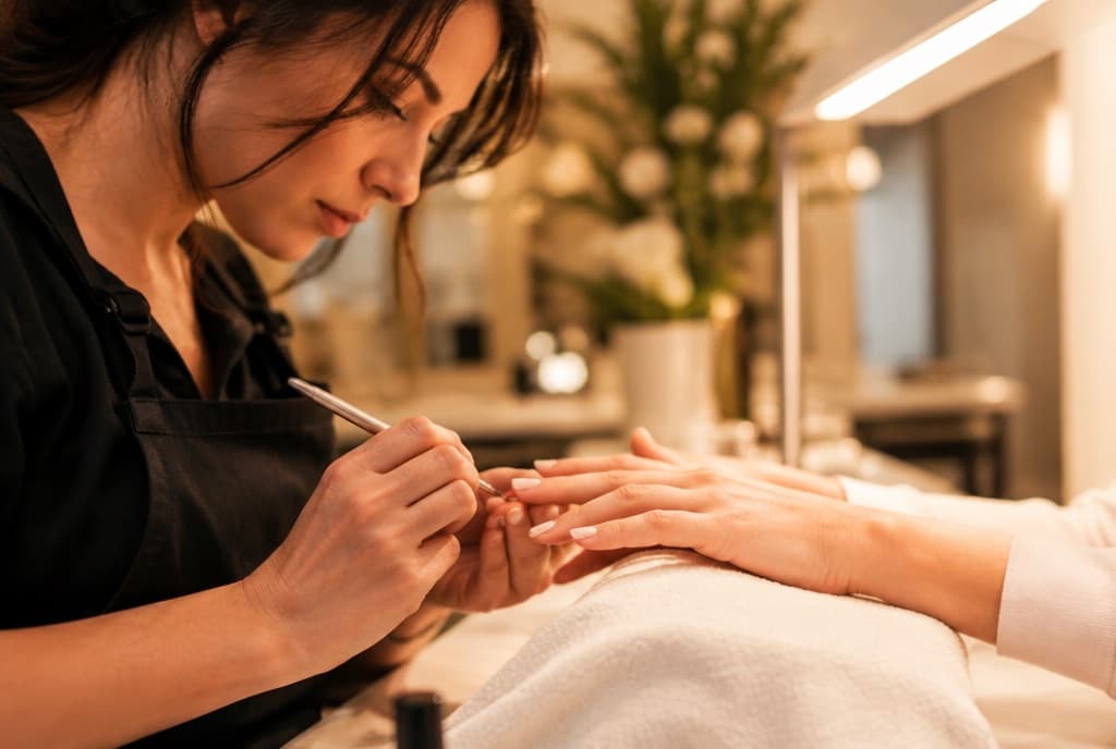 Chloe làm nails và trò chuyện thân thiện với khách trong tiệm nails hiện đại