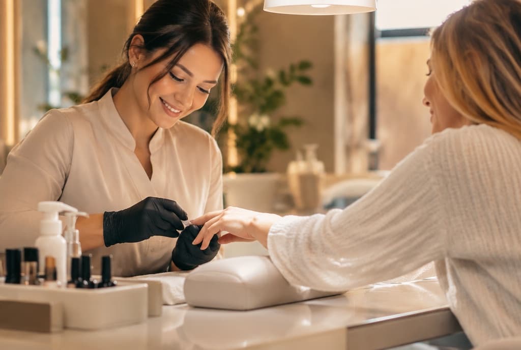 Chloe làm nails và trò chuyện thân thiện với khách trong tiệm nails hiện đại