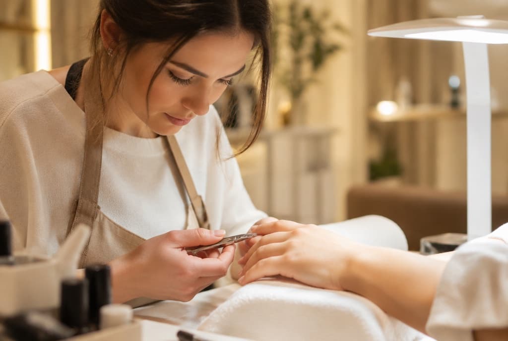 Chloe làm nails và trò chuyện thân thiện với khách trong tiệm nails hiện đại