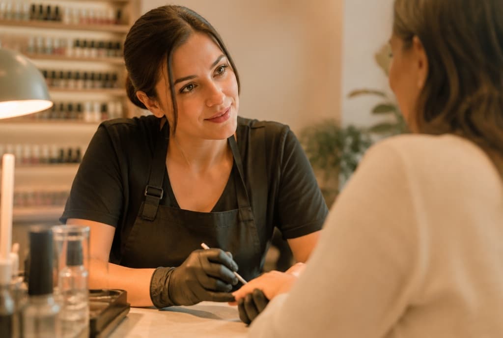 Chloe làm nails và trò chuyện thân thiện với khách trong tiệm nails hiện đại