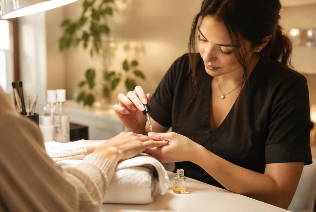 Chloe làm nails và trò chuyện thân thiện với khách trong tiệm nails hiện đại