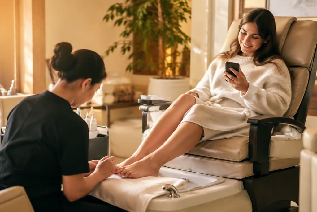 Chloe làm nails và trò chuyện thân thiện với khách trong tiệm nails hiện đại