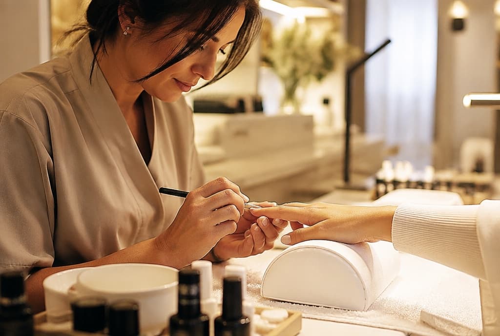Chloe làm nails và trò chuyện thân thiện với khách trong tiệm nails hiện đại