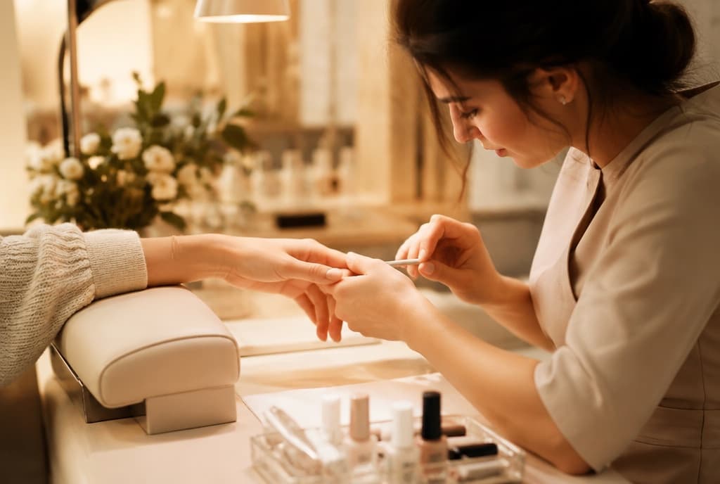 Chloe làm nails và trò chuyện thân thiện với khách trong tiệm nails hiện đại