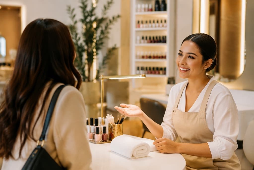 Chloe làm nails và trò chuyện thân thiện với khách trong tiệm nails hiện đại