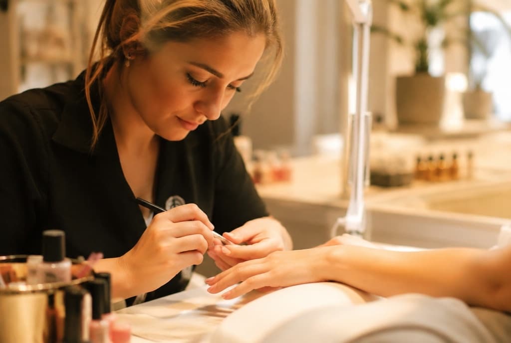 Chloe làm nails và trò chuyện thân thiện với khách trong tiệm nails hiện đại