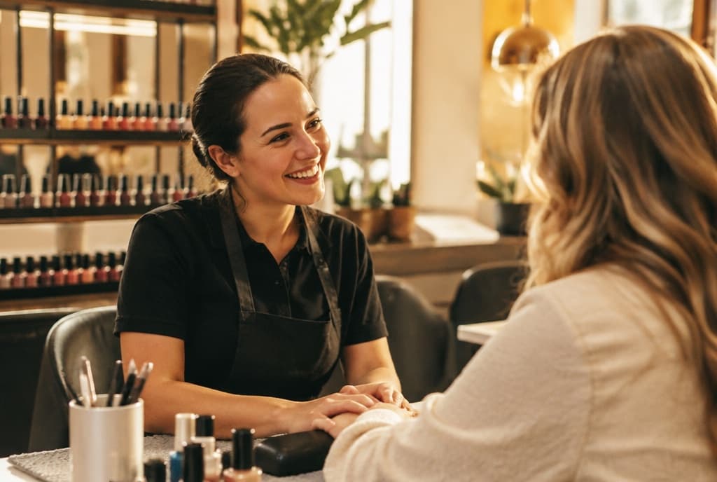 Chloe làm nails và trò chuyện thân thiện với khách trong tiệm nails hiện đại