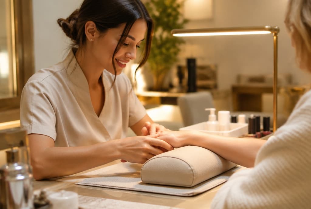 Chloe làm nails và trò chuyện thân thiện với khách trong tiệm nails hiện đại