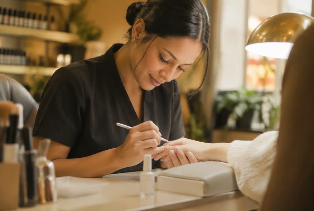 Chloe làm nails và trò chuyện thân thiện với khách trong tiệm nails hiện đại