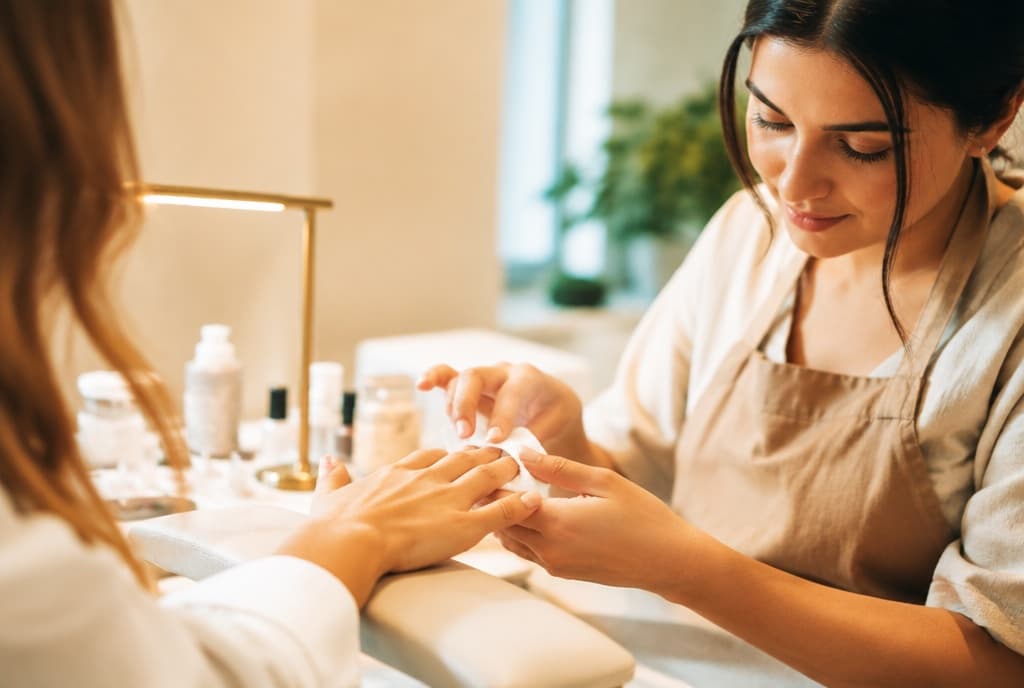 Chloe làm nails và trò chuyện thân thiện với khách trong tiệm nails hiện đại