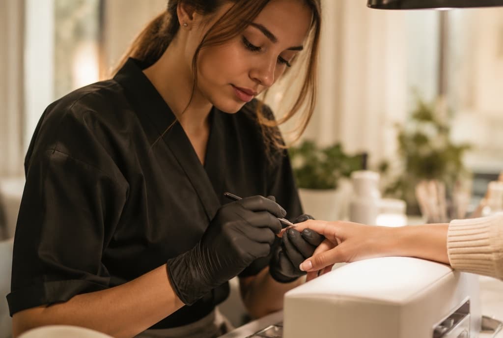 Chloe làm nails và trò chuyện thân thiện với khách trong tiệm nails hiện đại