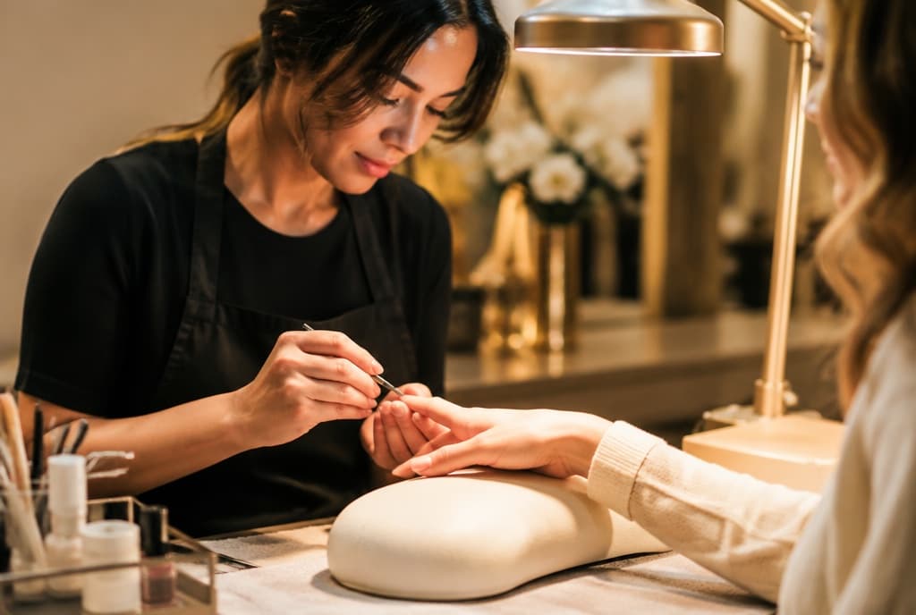 Chloe làm nails và trò chuyện thân thiện với khách trong tiệm nails hiện đại
