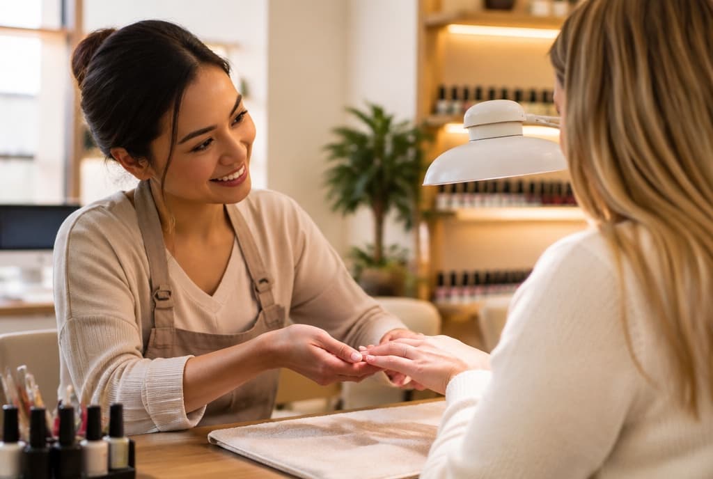 Chloe làm nails và trò chuyện thân thiện với khách trong tiệm nails hiện đại