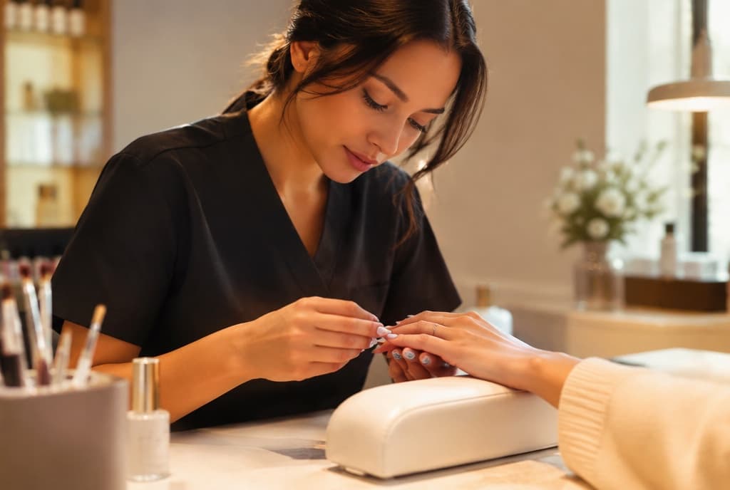 Chloe làm nails và trò chuyện thân thiện với khách trong tiệm nails hiện đại
