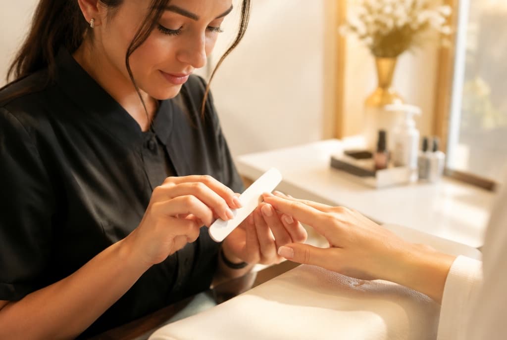 Chloe làm nails và trò chuyện thân thiện với khách trong tiệm nails hiện đại