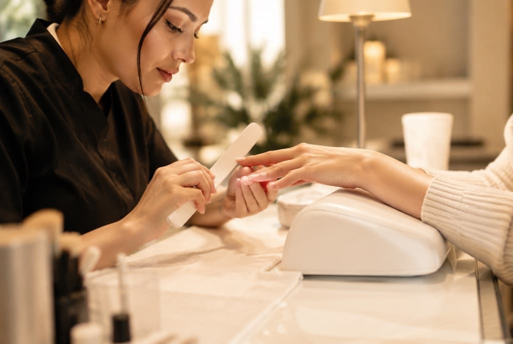 Chloe làm nails và trò chuyện thân thiện với khách trong tiệm nails hiện đại