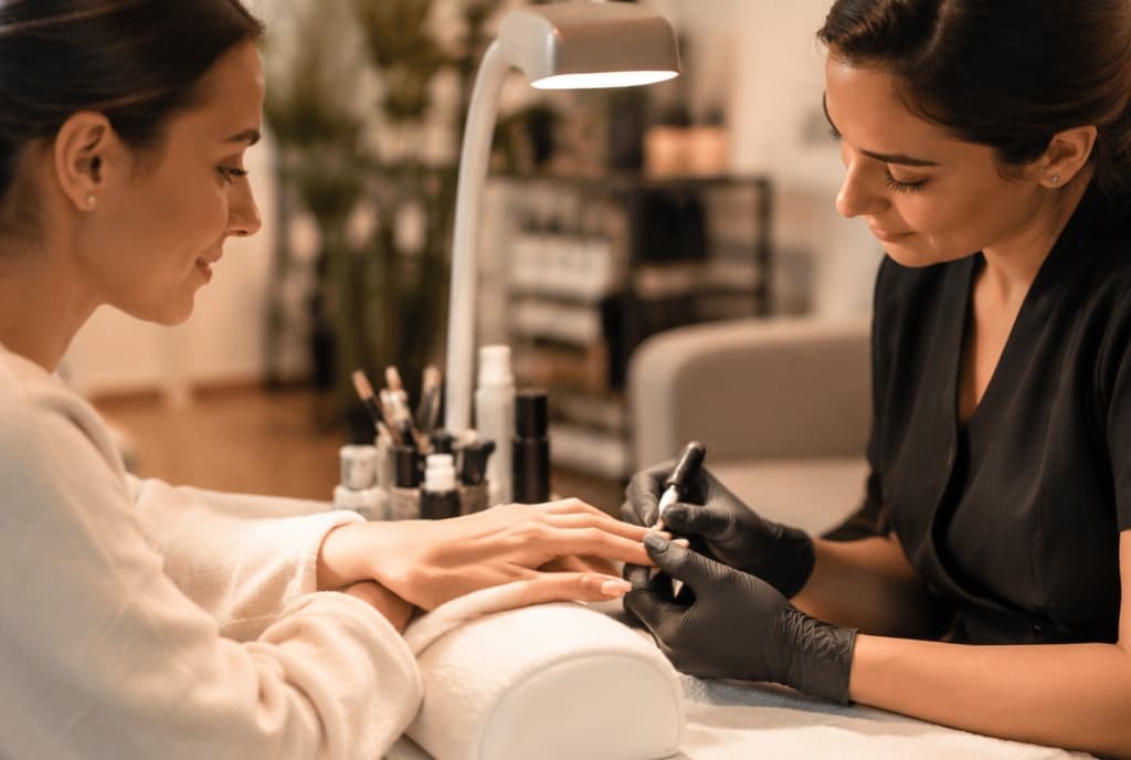 Chloe làm nails và trò chuyện thân thiện với khách trong tiệm nails hiện đại