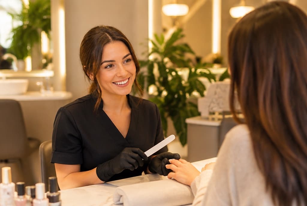 Chloe làm nails và trò chuyện thân thiện với khách trong tiệm nails hiện đại