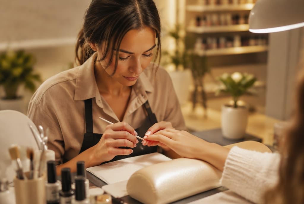 Chloe làm nails và trò chuyện thân thiện với khách trong tiệm nails hiện đại
