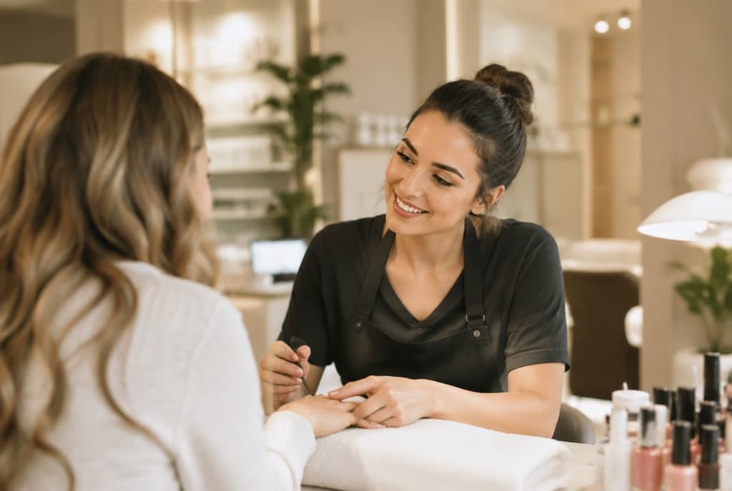 Chloe làm nails và trò chuyện thân thiện với khách trong tiệm nails hiện đại