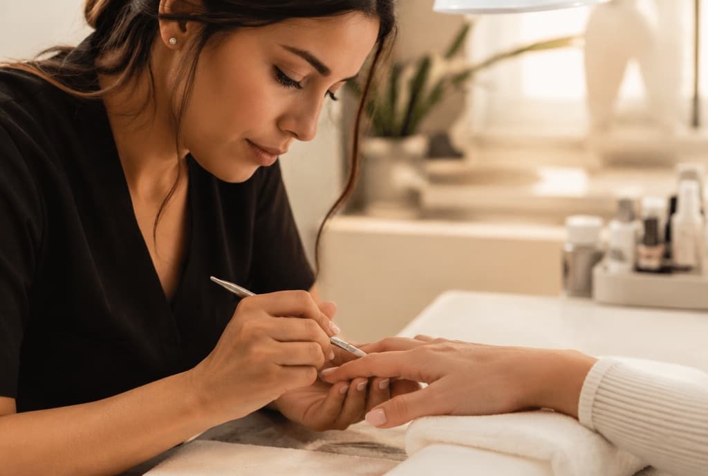 Chloe làm nails và trò chuyện thân thiện với khách trong tiệm nails hiện đại