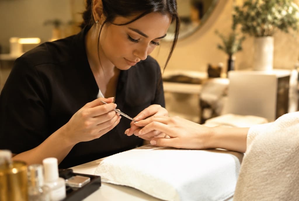 Chloe làm nails và trò chuyện thân thiện với khách trong tiệm nails hiện đại