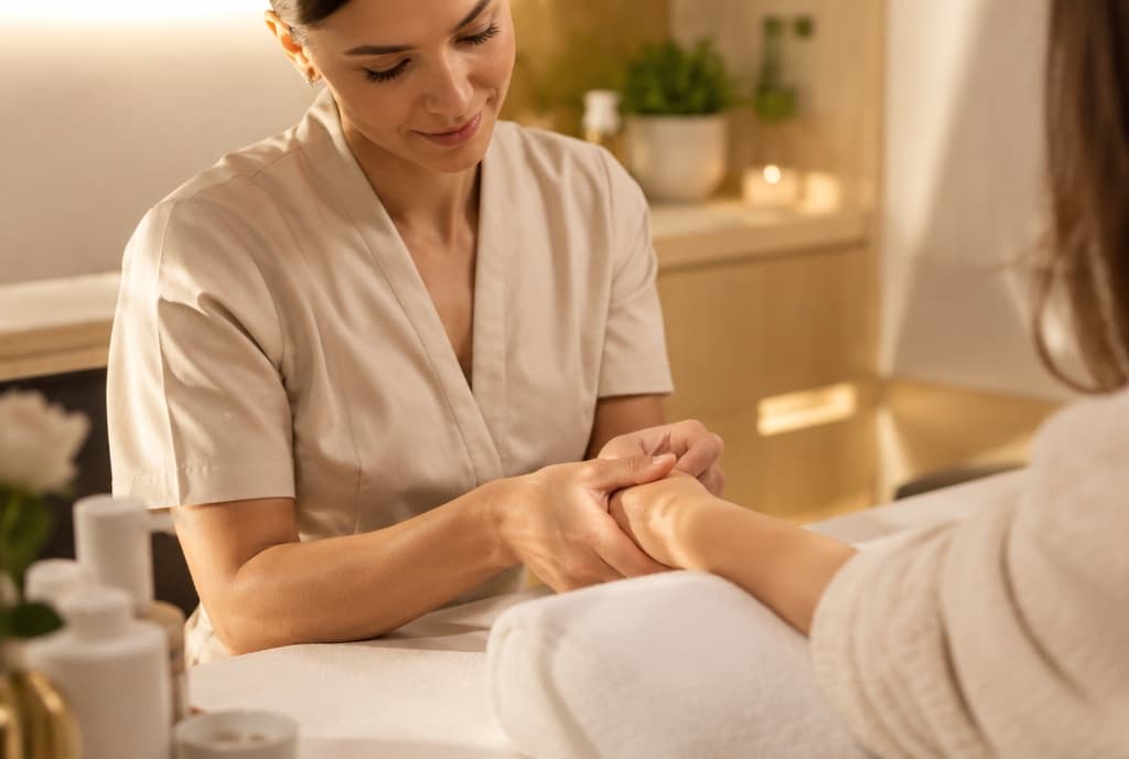 Chloe làm nails và trò chuyện thân thiện với khách trong tiệm nails hiện đại