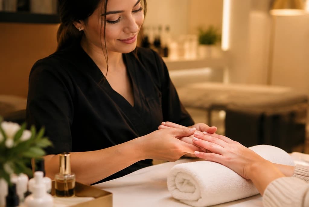 Chloe làm nails và trò chuyện thân thiện với khách trong tiệm nails hiện đại