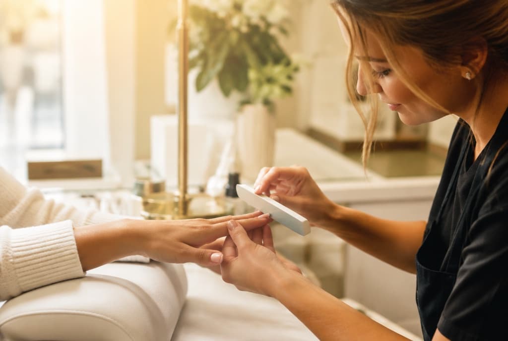 Chloe làm nails và trò chuyện thân thiện với khách trong tiệm nails hiện đại
