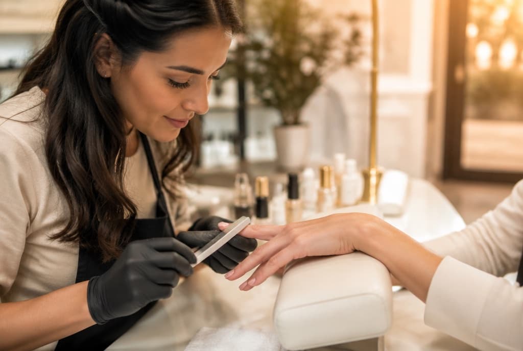 Chloe làm nails và trò chuyện thân thiện với khách trong tiệm nails hiện đại