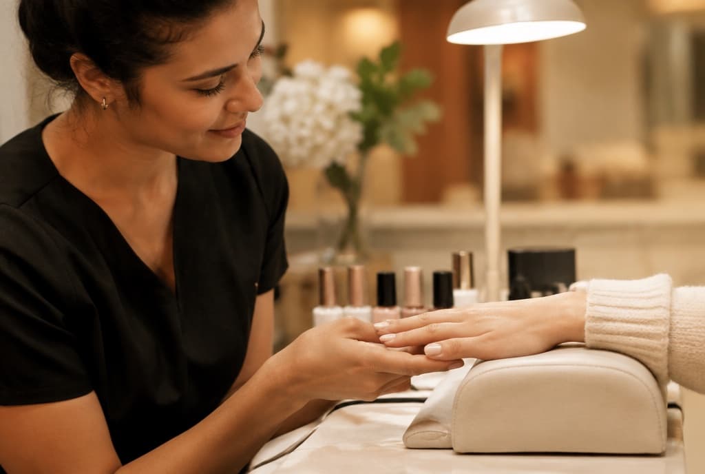 Chloe làm nails và trò chuyện thân thiện với khách trong tiệm nails hiện đại