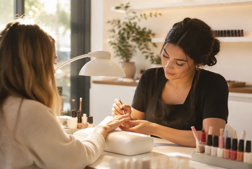 Chloe làm nails và trò chuyện thân thiện với khách trong tiệm nails hiện đại