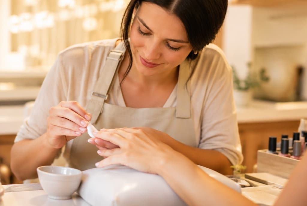 Chloe làm nails và trò chuyện thân thiện với khách trong tiệm nails hiện đại