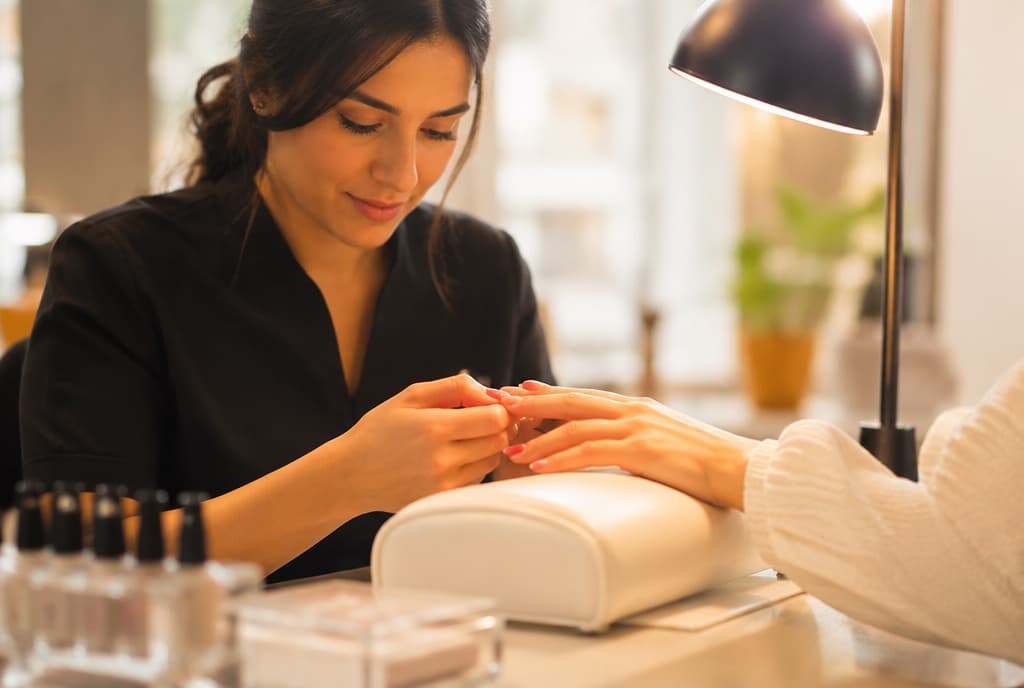 Chloe làm nails và trò chuyện thân thiện với khách trong tiệm nails hiện đại